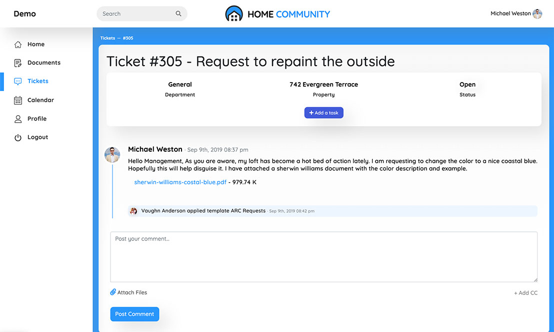 Home Community ticket view screen